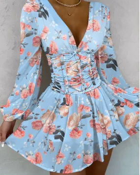 Floral Print V Neck Lace Up Fold Pleat Dress