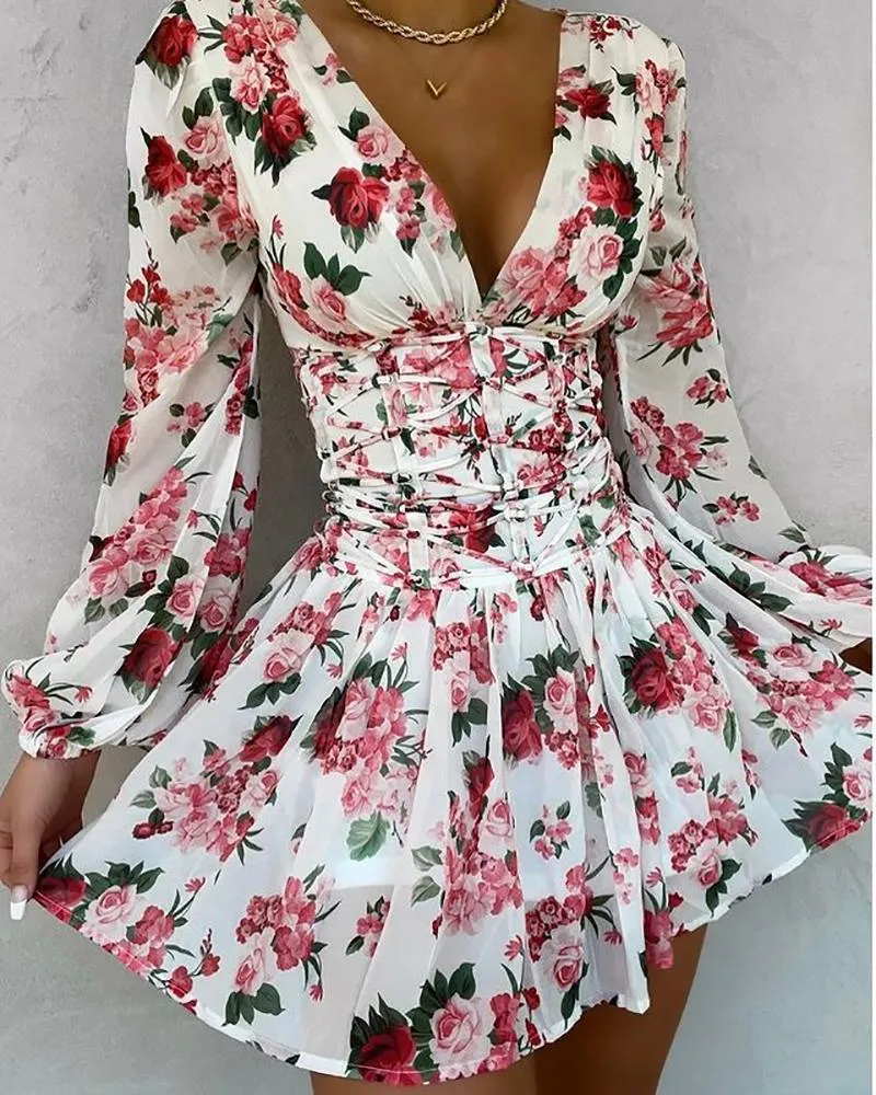 Floral Print V Neck Lace Up Fold Pleat Dress