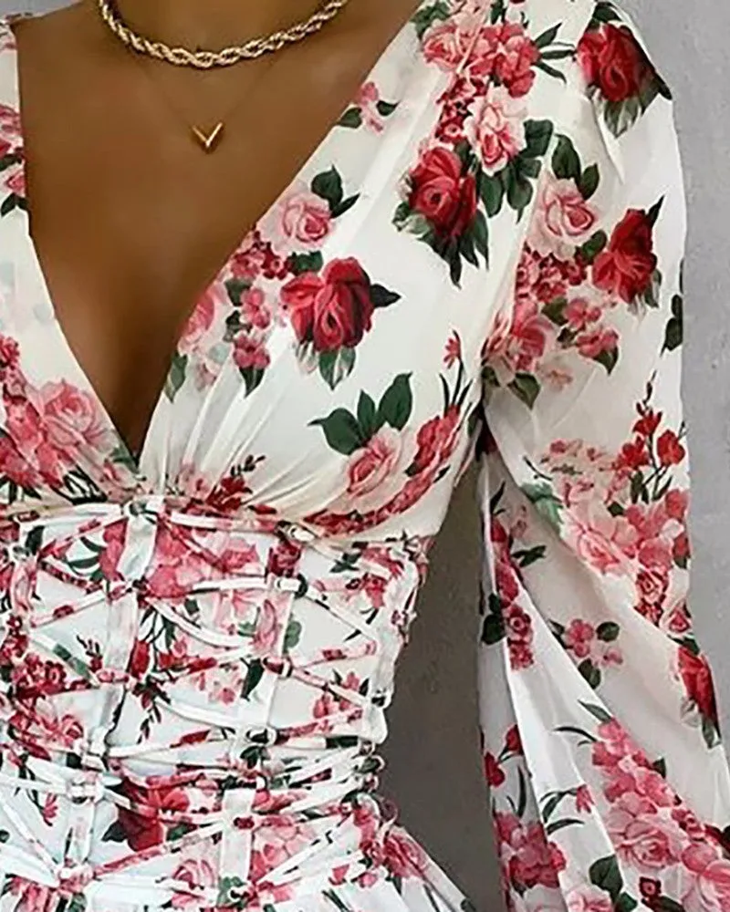 Floral Print V Neck Lace Up Fold Pleat Dress