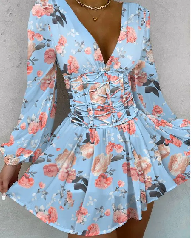 Floral Print V Neck Lace Up Fold Pleat Dress