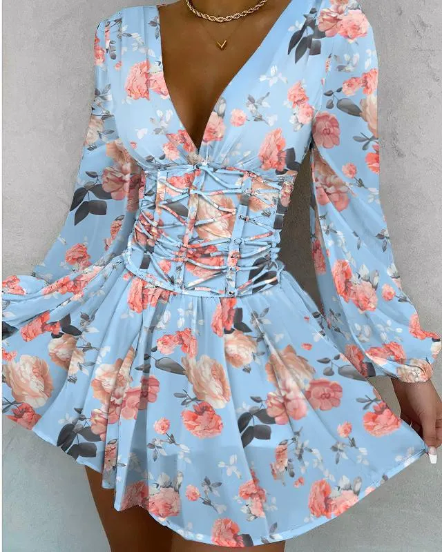 Floral Print V Neck Lace Up Fold Pleat Dress