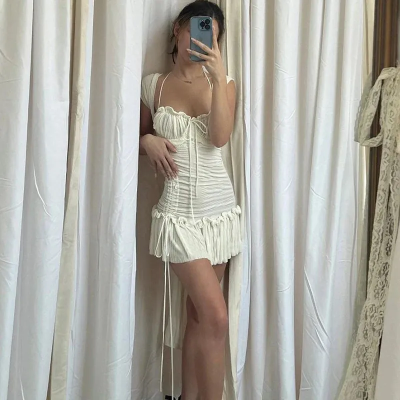 Girlary Vitnage Draped White Mini Dress Y2K Fairycore Shirring Ruffles Sundress Retro Spaghetti Strap Dress Chic Women French Romantic