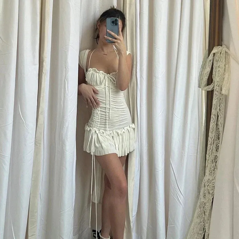 Girlary Vitnage Draped White Mini Dress Y2K Fairycore Shirring Ruffles Sundress Retro Spaghetti Strap Dress Chic Women French Romantic