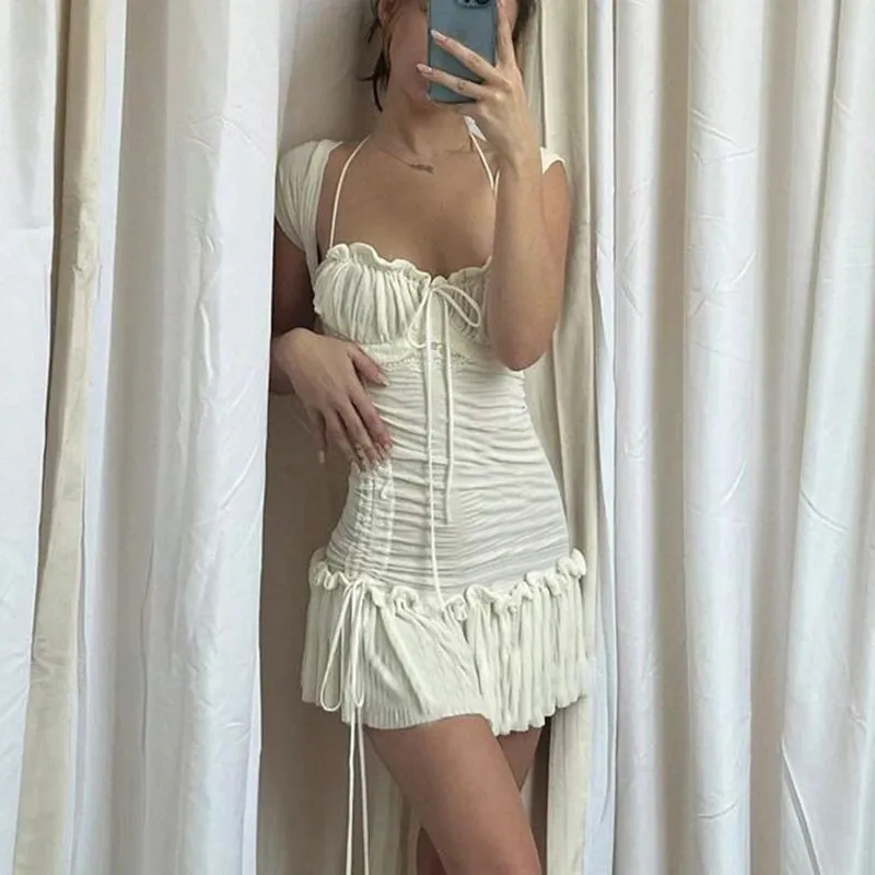 Girlary Vitnage Draped White Mini Dress Y2K Fairycore Shirring Ruffles Sundress Retro Spaghetti Strap Dress Chic Women French Romantic
