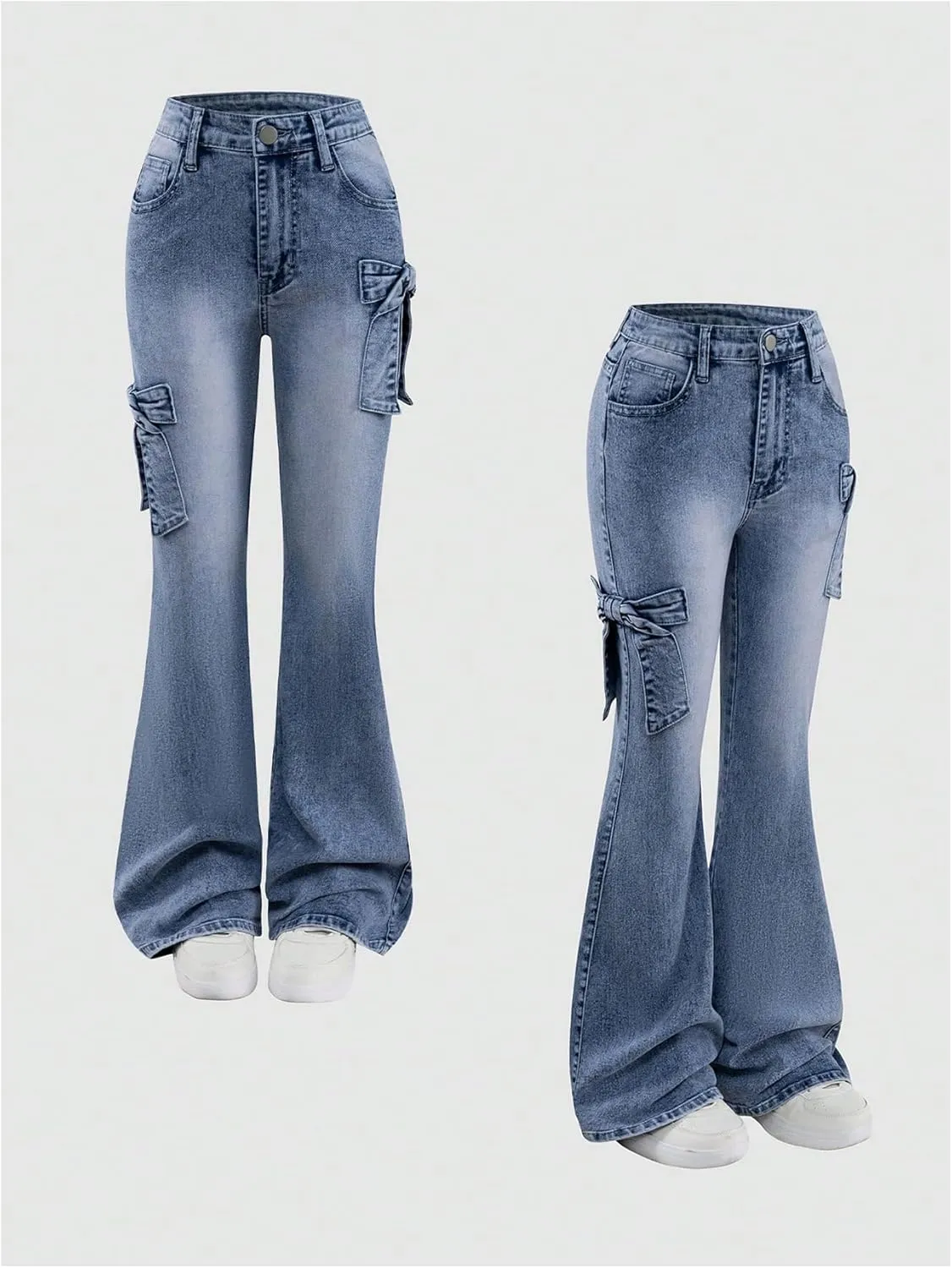Girl's Bow Flared Jeans Y2k Denim Pants Bell Bottom Stretchy Jeans Trousers with Pocket