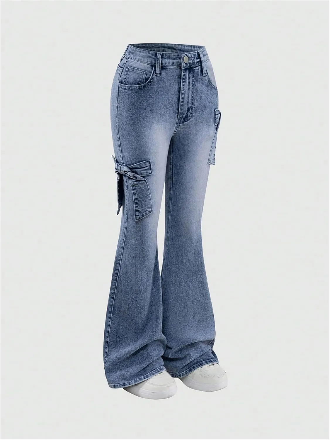 Girl's Bow Flared Jeans Y2k Denim Pants Bell Bottom Stretchy Jeans Trousers with Pocket