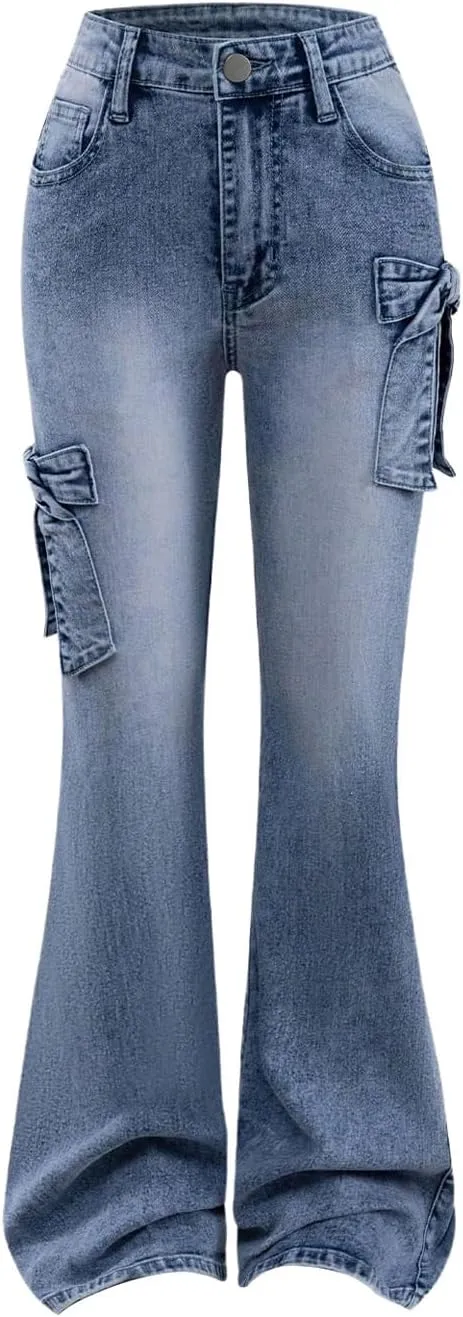 Girl's Bow Flared Jeans Y2k Denim Pants Bell Bottom Stretchy Jeans Trousers with Pocket