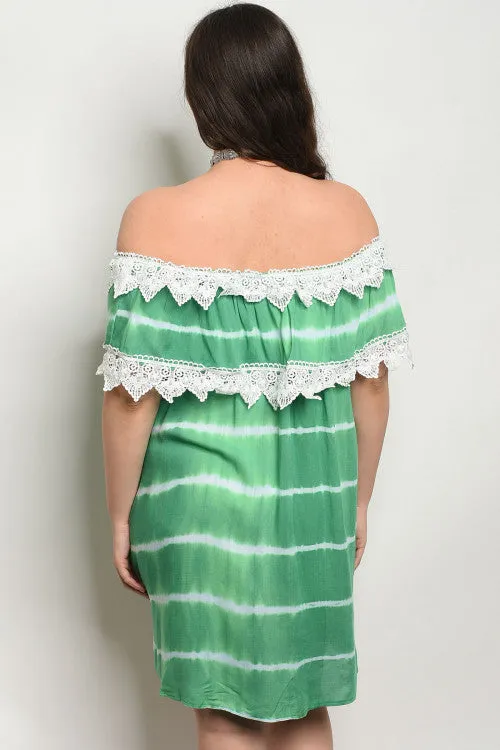 Green Tie Dye Off Shoulder Lace Accent Plus Size Dress