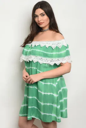 Green Tie Dye Off Shoulder Lace Accent Plus Size Dress