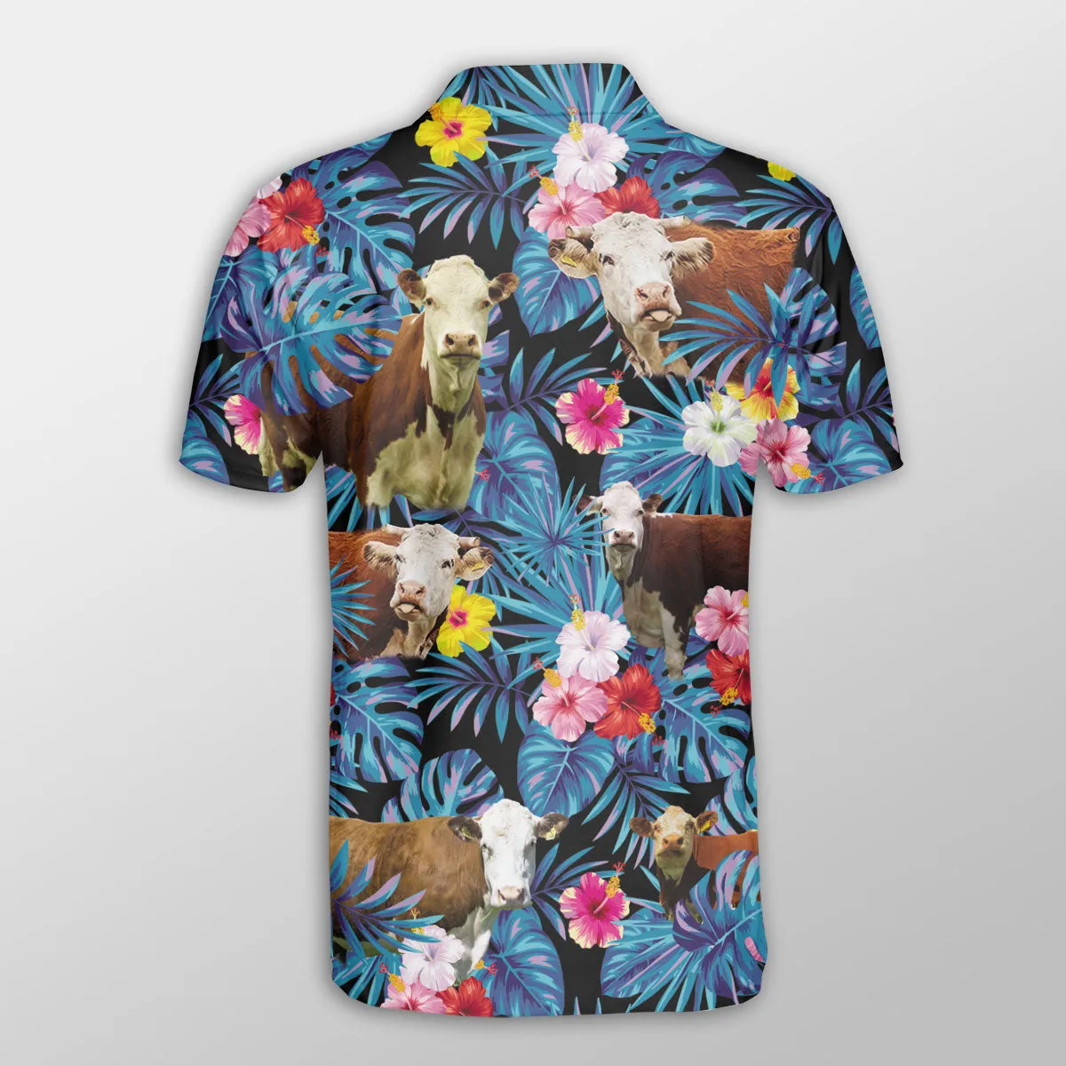 Hereford Tropical Flowers Leaves Pattern Button Polo Shirt, Cow Polo Shirt, Gift for Farmers