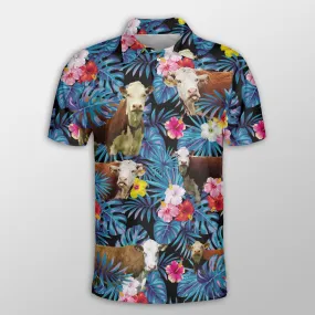 Hereford Tropical Flowers Leaves Pattern Button Polo Shirt, Cow Polo Shirt, Gift for Farmers