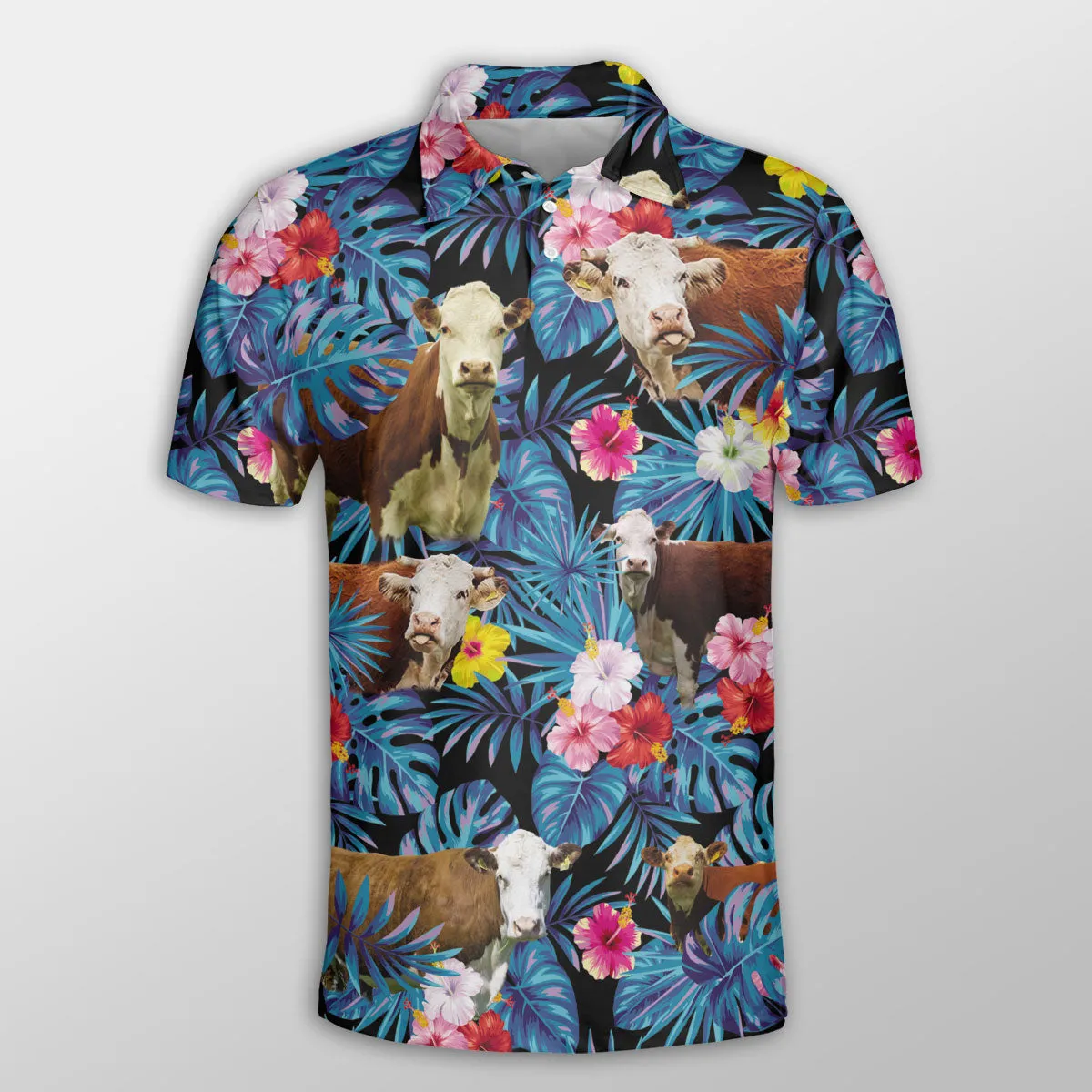 Hereford Tropical Flowers Leaves Pattern Button Polo Shirt, Cow Polo Shirt, Gift for Farmers