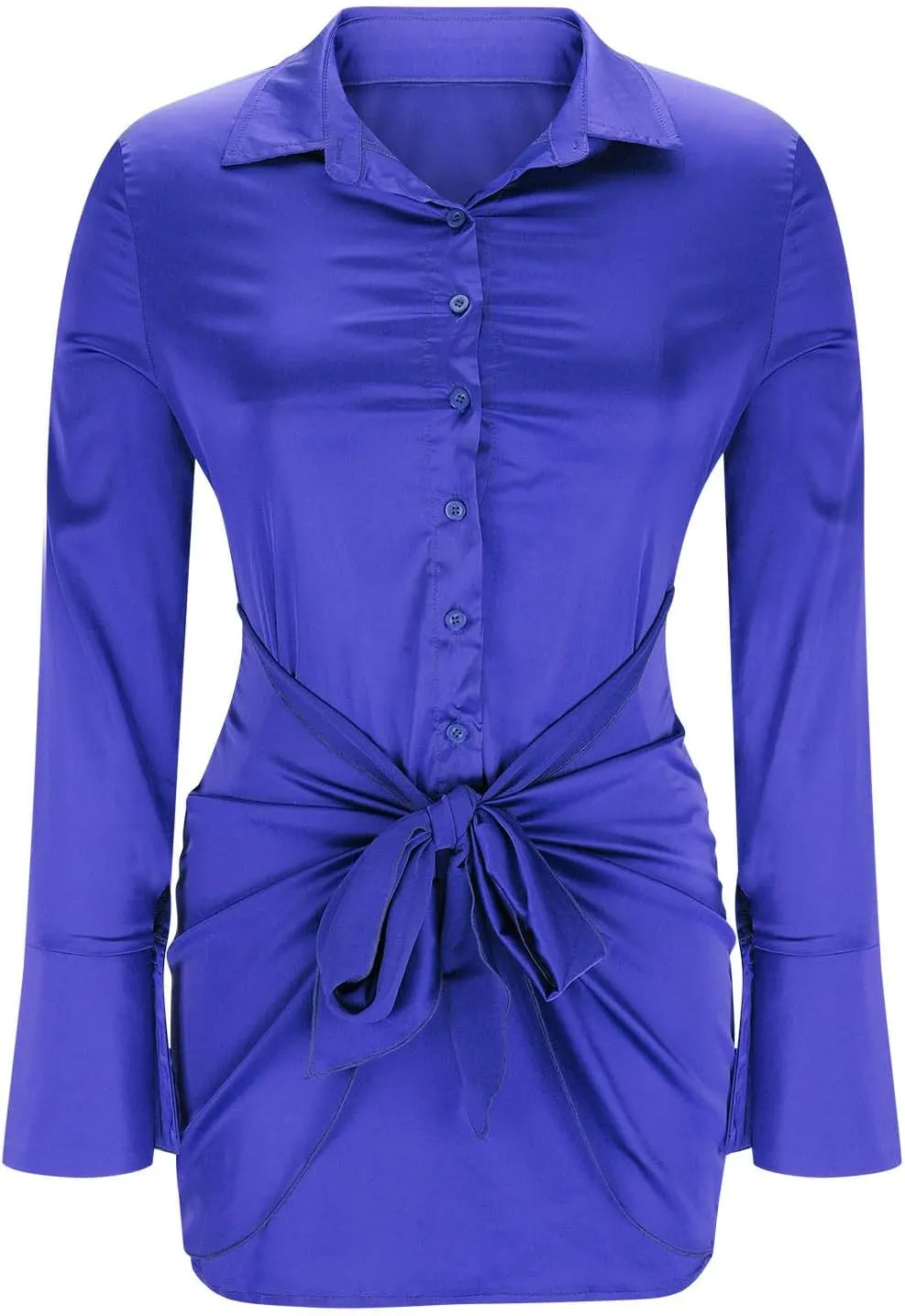 HGps8w Chic Tie Front Satin Silk Shirt Dress for Women Sexy 2025 Summer Long Sleeve Button Up Lapel Cocktail Party Dresses