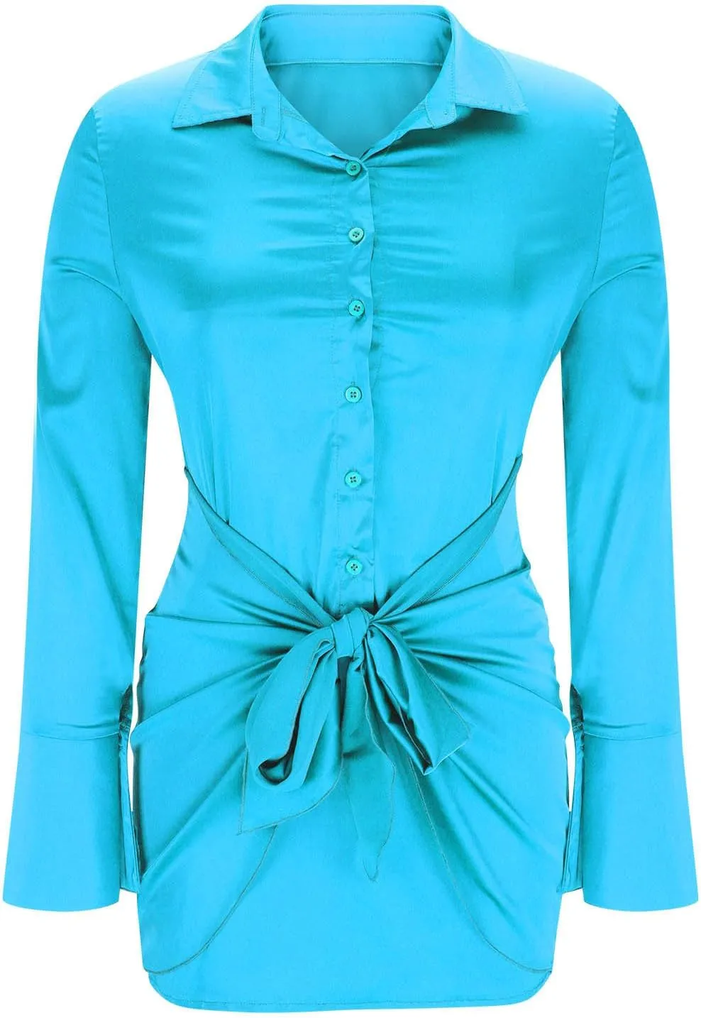 HGps8w Chic Tie Front Satin Silk Shirt Dress for Women Sexy 2025 Summer Long Sleeve Button Up Lapel Cocktail Party Dresses
