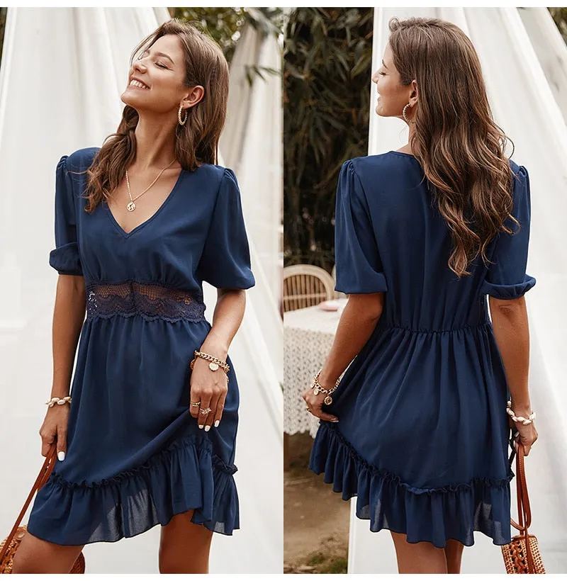 Hollow Ruffle Fitted Mini Short Sundress