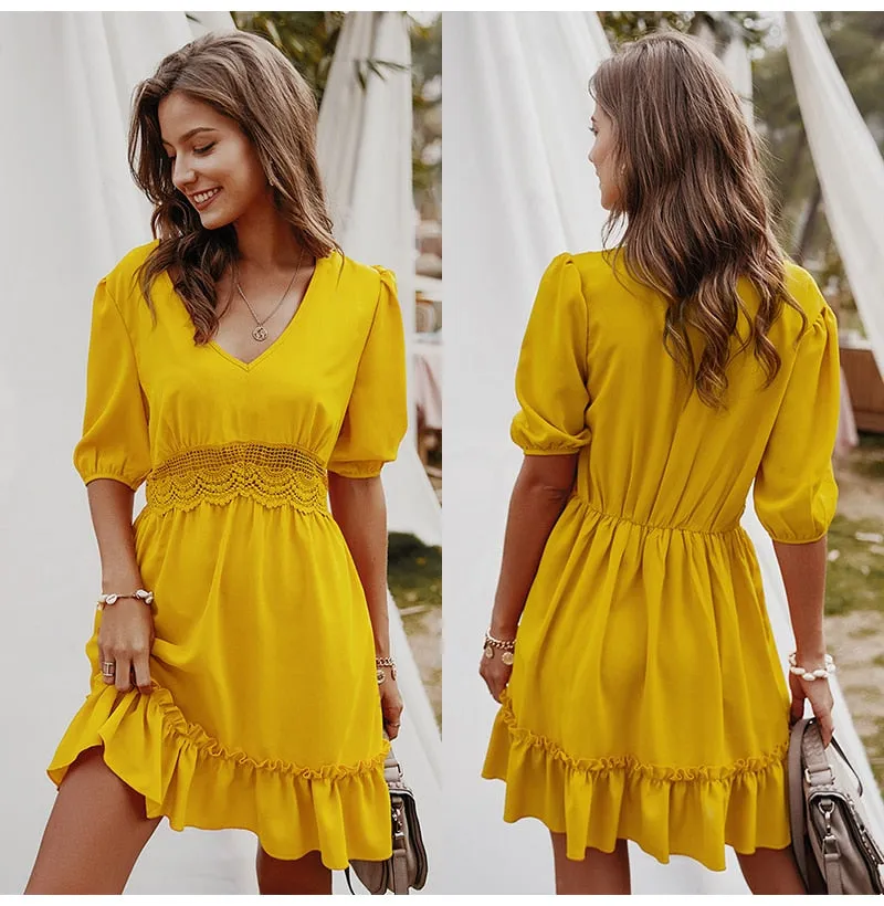 Hollow Ruffle Fitted Mini Short Sundress