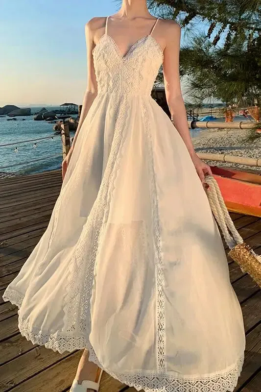 KIylethomasw Women White Lace Spaghetti Straps Backless Summer V-neck Bandage Fairy Long Dress Sexy Club Birthday Party Evening Sundress Chic