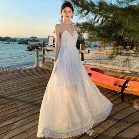 KIylethomasw Women White Lace Spaghetti Straps Backless Summer V-neck Bandage Fairy Long Dress Sexy Club Birthday Party Evening Sundress Chic