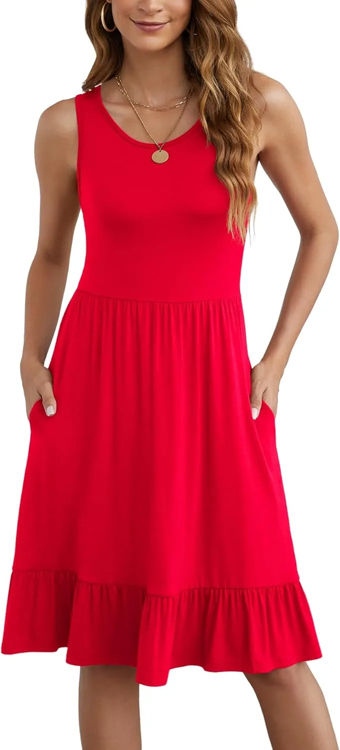 LILBETTER Women's Round Neck Summer Sundresses Casual Pleated Ruffle Hem Knee Length Sleeveless Tank Dress with Pockets