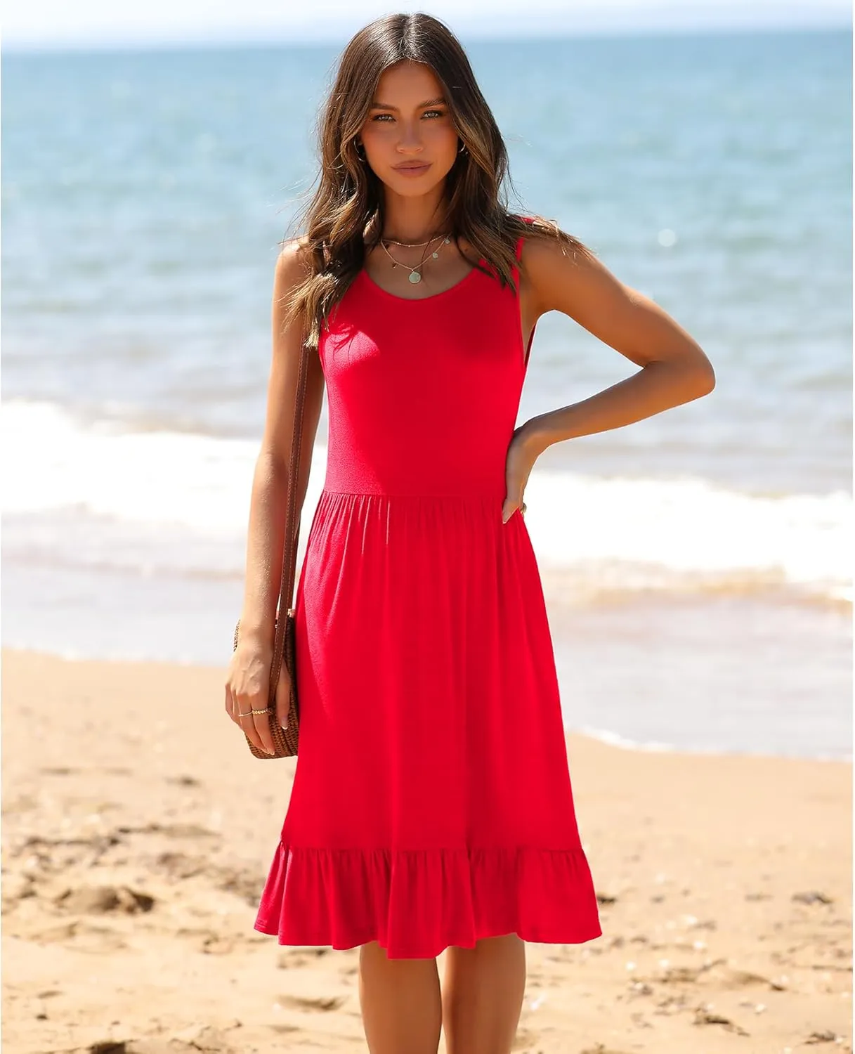 LILBETTER Women's Round Neck Summer Sundresses Casual Pleated Ruffle Hem Knee Length Sleeveless Tank Dress with Pockets