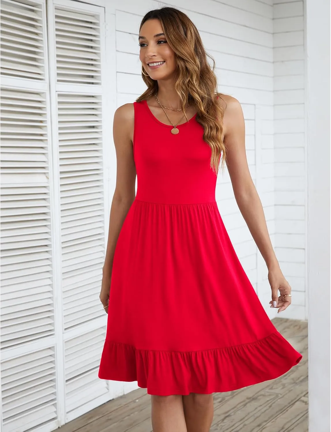 LILBETTER Women's Round Neck Summer Sundresses Casual Pleated Ruffle Hem Knee Length Sleeveless Tank Dress with Pockets