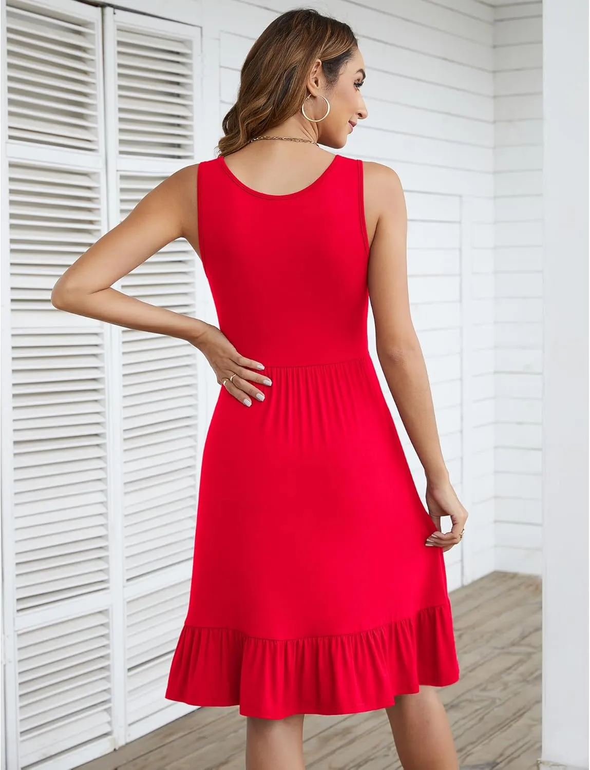 LILBETTER Women's Round Neck Summer Sundresses Casual Pleated Ruffle Hem Knee Length Sleeveless Tank Dress with Pockets