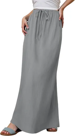 Linen Maxi Skirt, Women's Summer Bohemian Long Skirt, Cotton Elastic Waist Band Maxi Skirt Beach Party Holiday Skirt