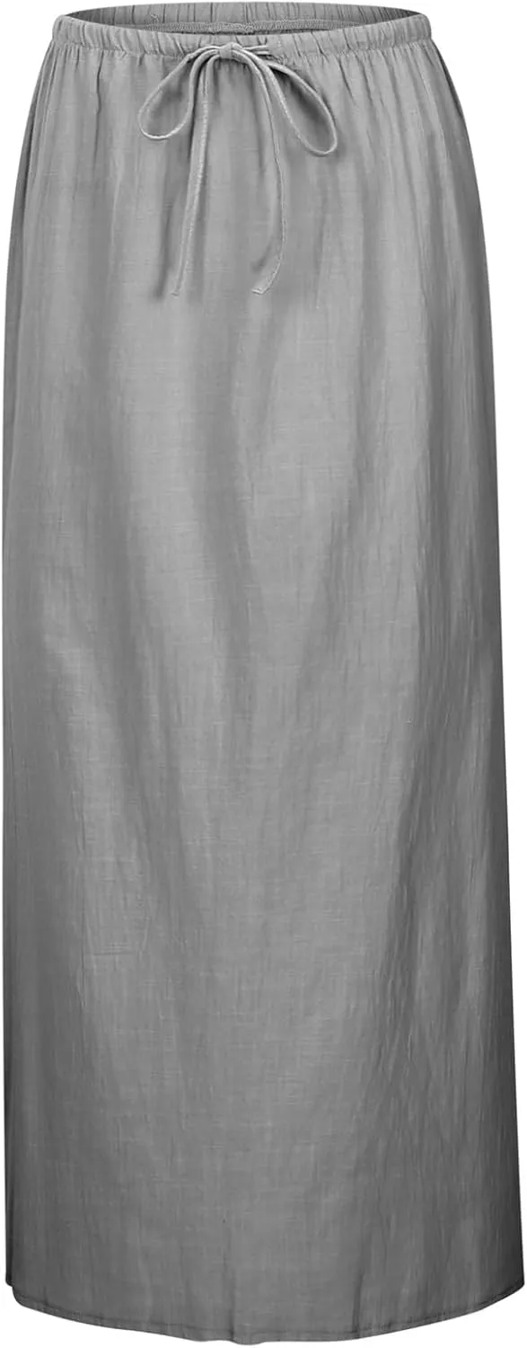 Linen Maxi Skirt, Women's Summer Bohemian Long Skirt, Cotton Elastic Waist Band Maxi Skirt Beach Party Holiday Skirt