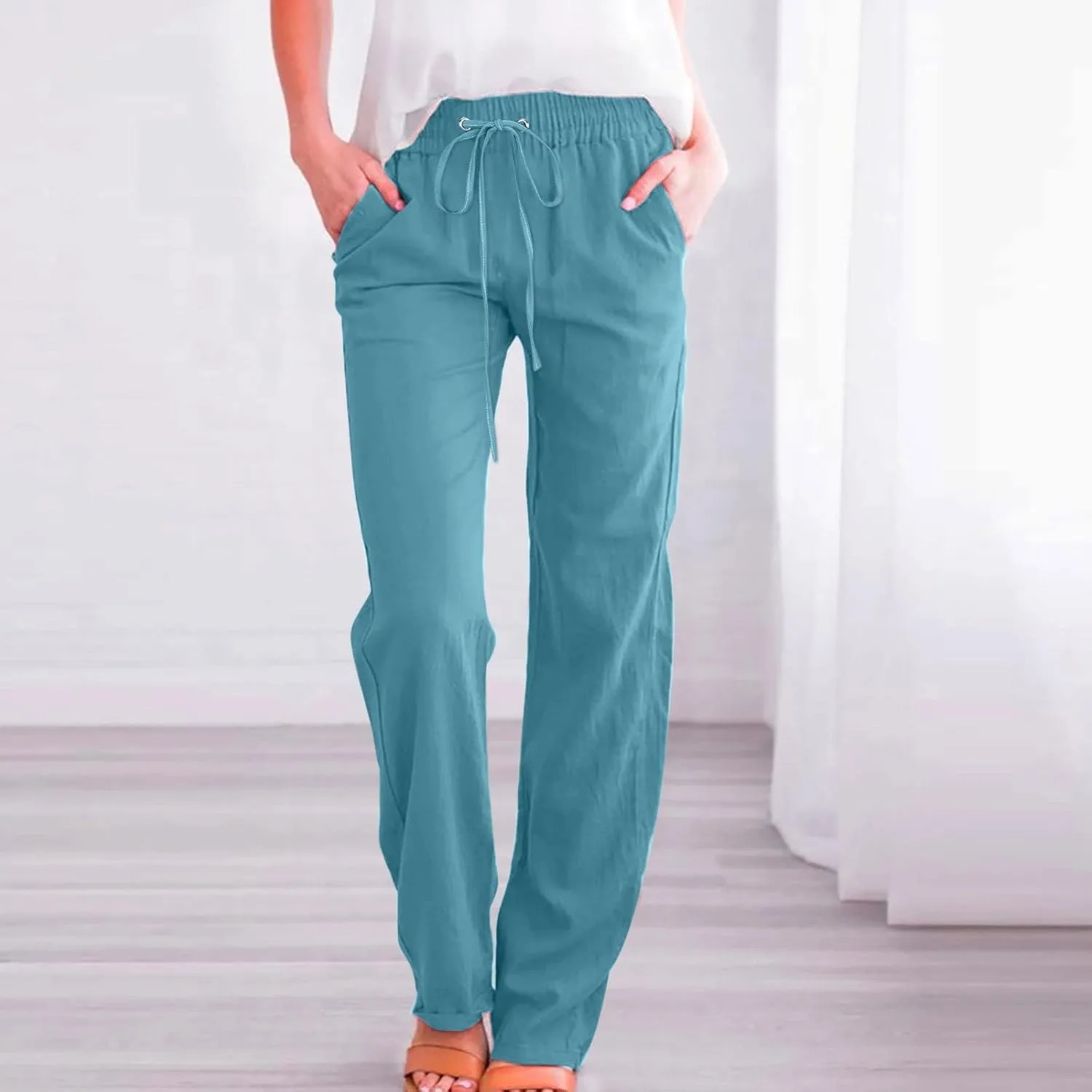 Linen Pants Women Petite Women's Elastic Waist Pants - Soft Cotton Linen Summer Lounge Wear Plus Size Comfort