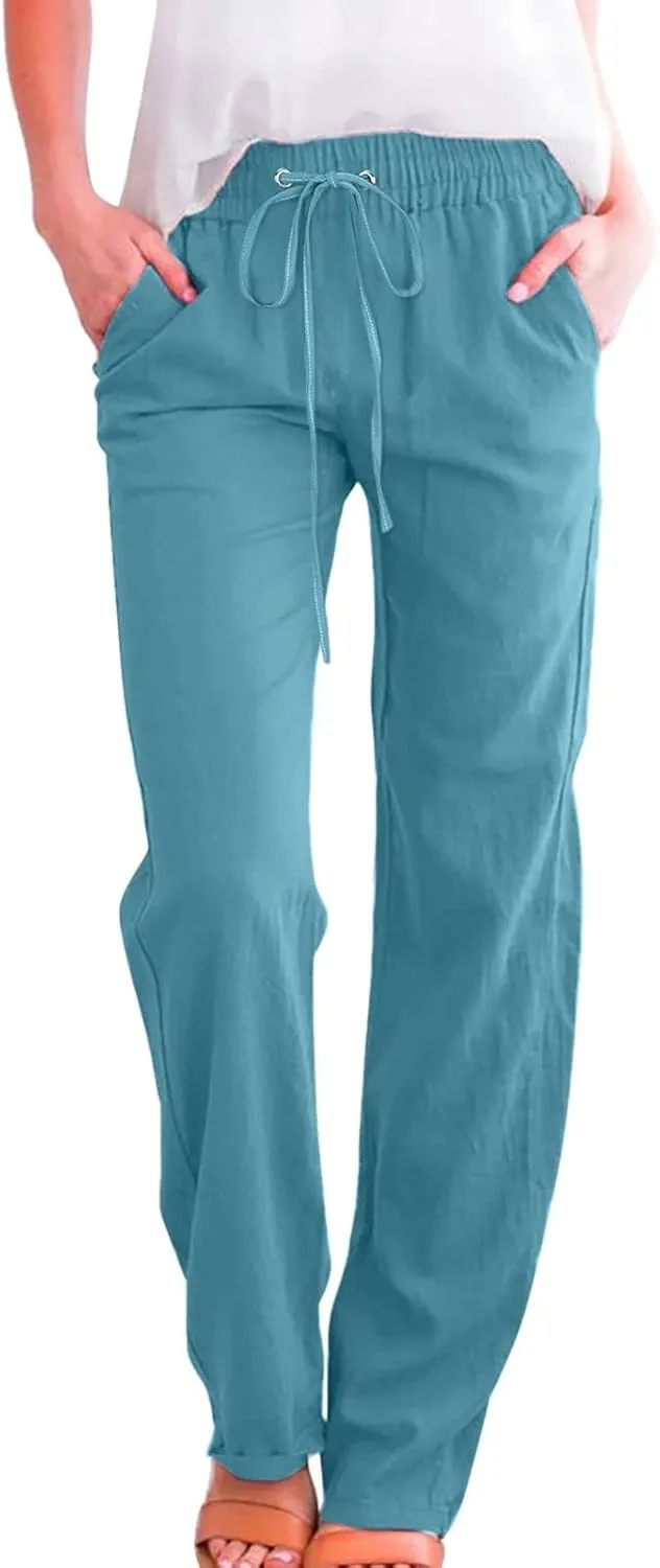 Linen Pants Women Petite Women's Elastic Waist Pants - Soft Cotton Linen Summer Lounge Wear Plus Size Comfort