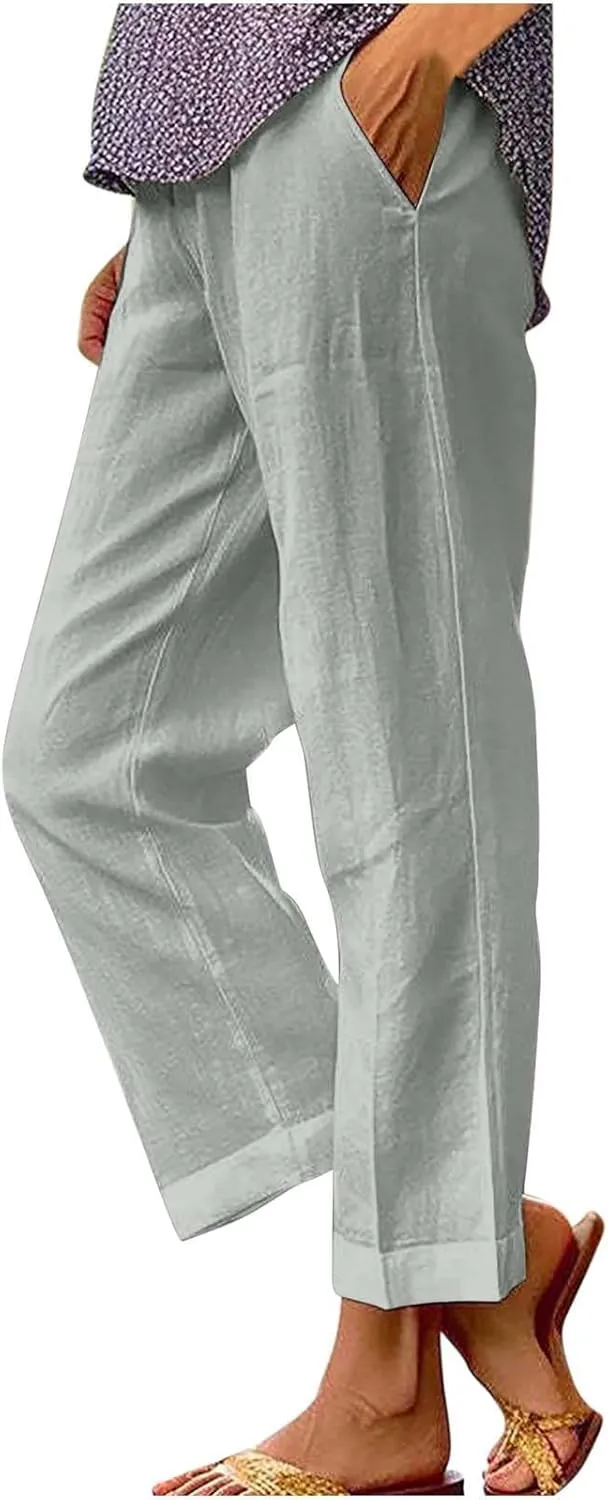 Linen Pants Women Petite,High Waisted Cotton Linen Summer Wide Leg Pants Comfy Soft Trousers 2025