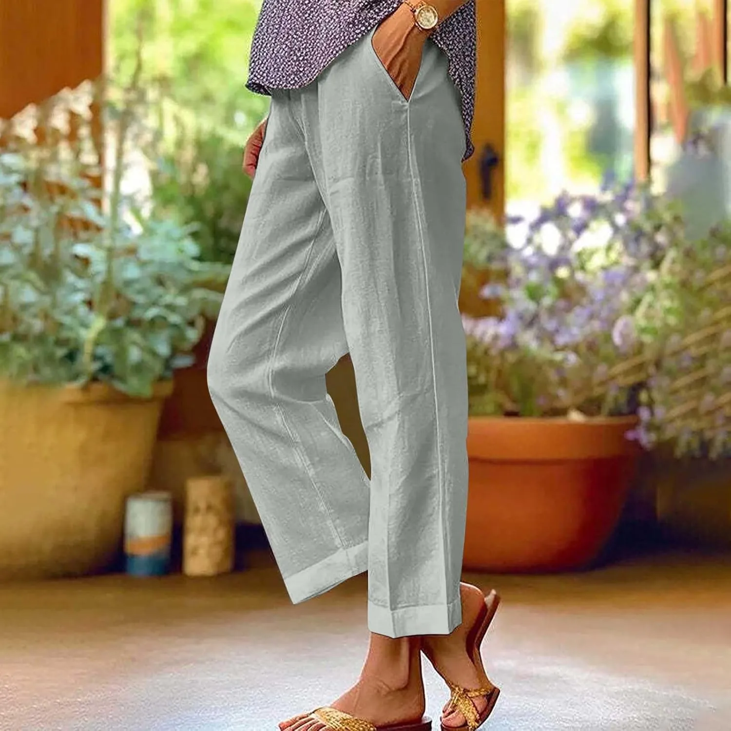 Linen Pants Women Petite,High Waisted Cotton Linen Summer Wide Leg Pants Comfy Soft Trousers 2025