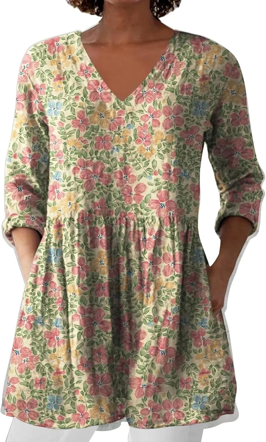 Linen Tops for Women 3/4 Length Sleeve 2025 V Neck Shirts Casual Boho Floral Print Tunic Loose Blouses with Pocket
