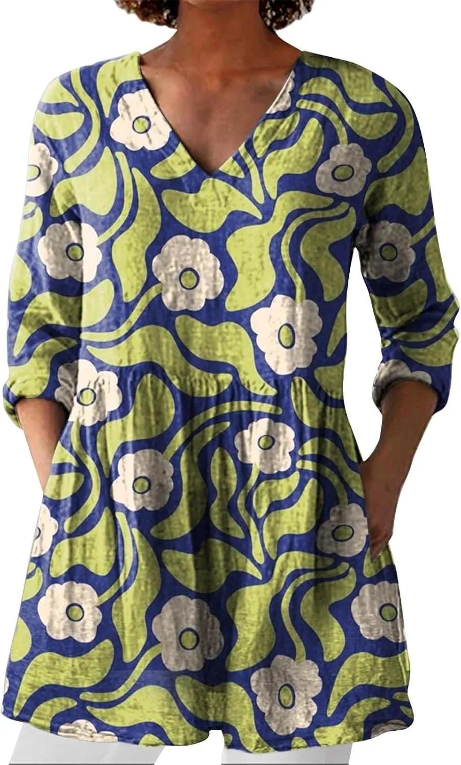 Linen Tops for Women 3/4 Length Sleeve 2025 V Neck Shirts Casual Boho Floral Print Tunic Loose Blouses with Pocket