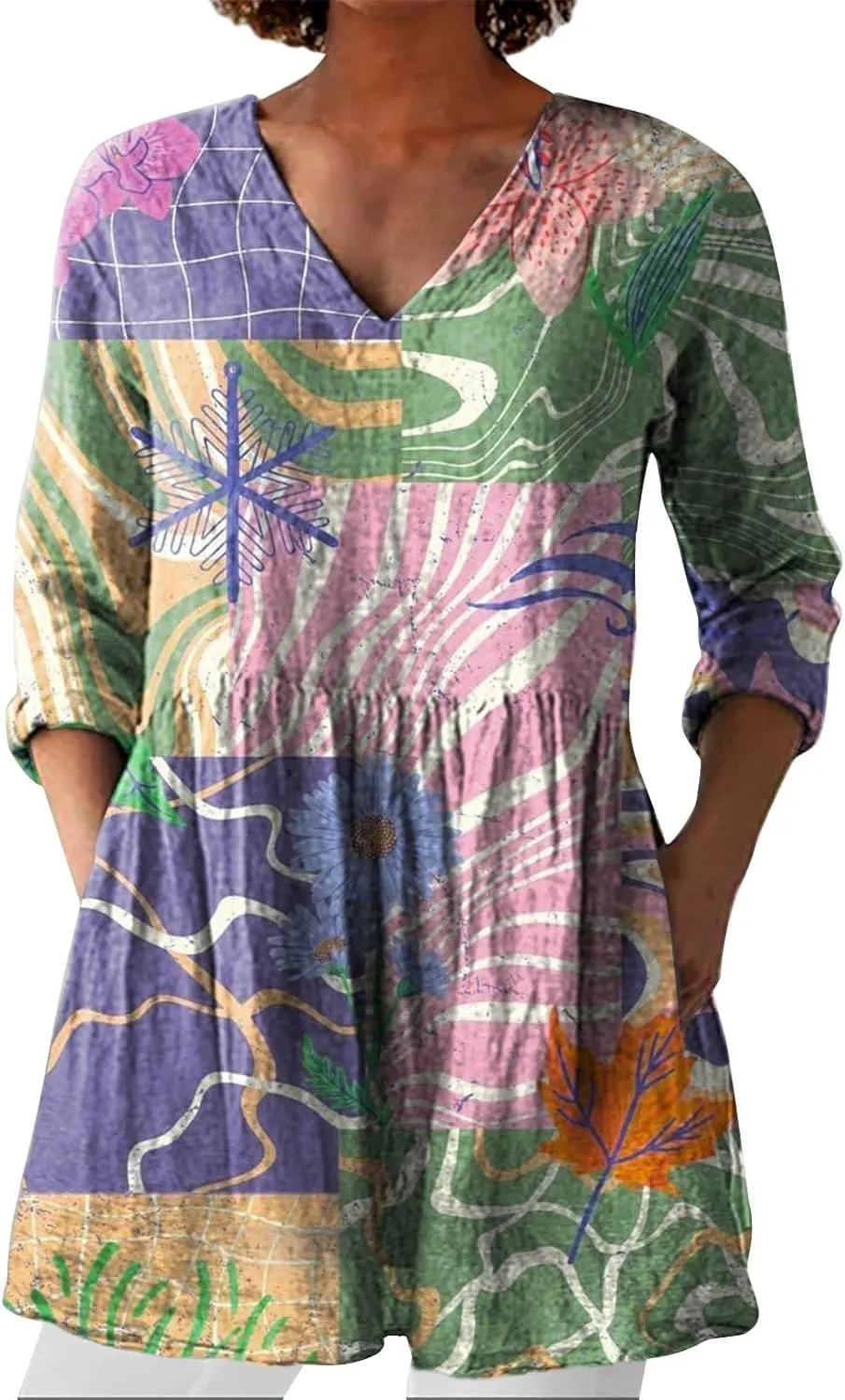 Linen Tops for Women 3/4 Length Sleeve 2025 V Neck Shirts Casual Boho Floral Print Tunic Loose Blouses with Pocket