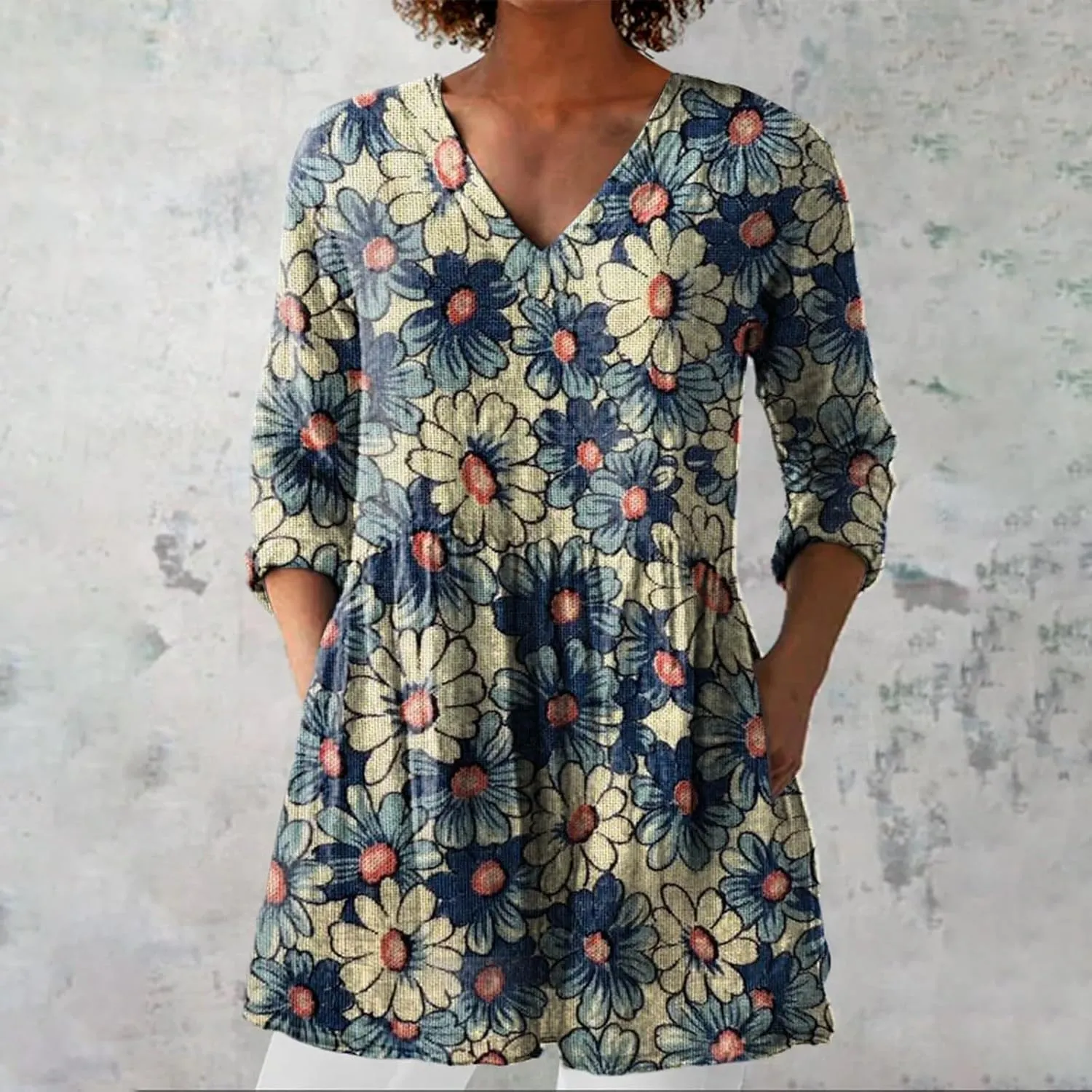 Linen Tops for Women 3/4 Length Sleeve 2025 V Neck Shirts Casual Boho Floral Print Tunic Loose Blouses with Pocket