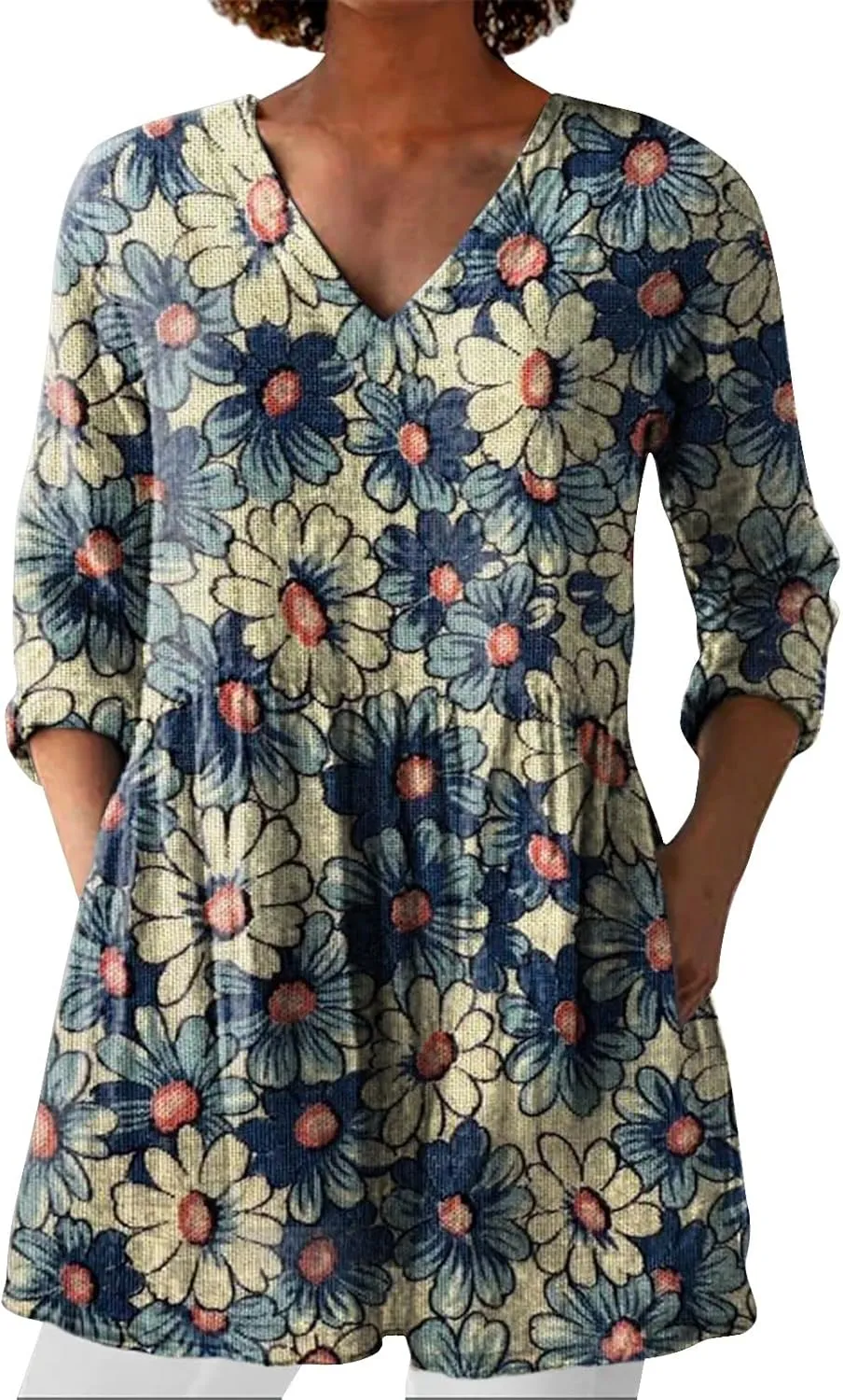 Linen Tops for Women 3/4 Length Sleeve 2025 V Neck Shirts Casual Boho Floral Print Tunic Loose Blouses with Pocket