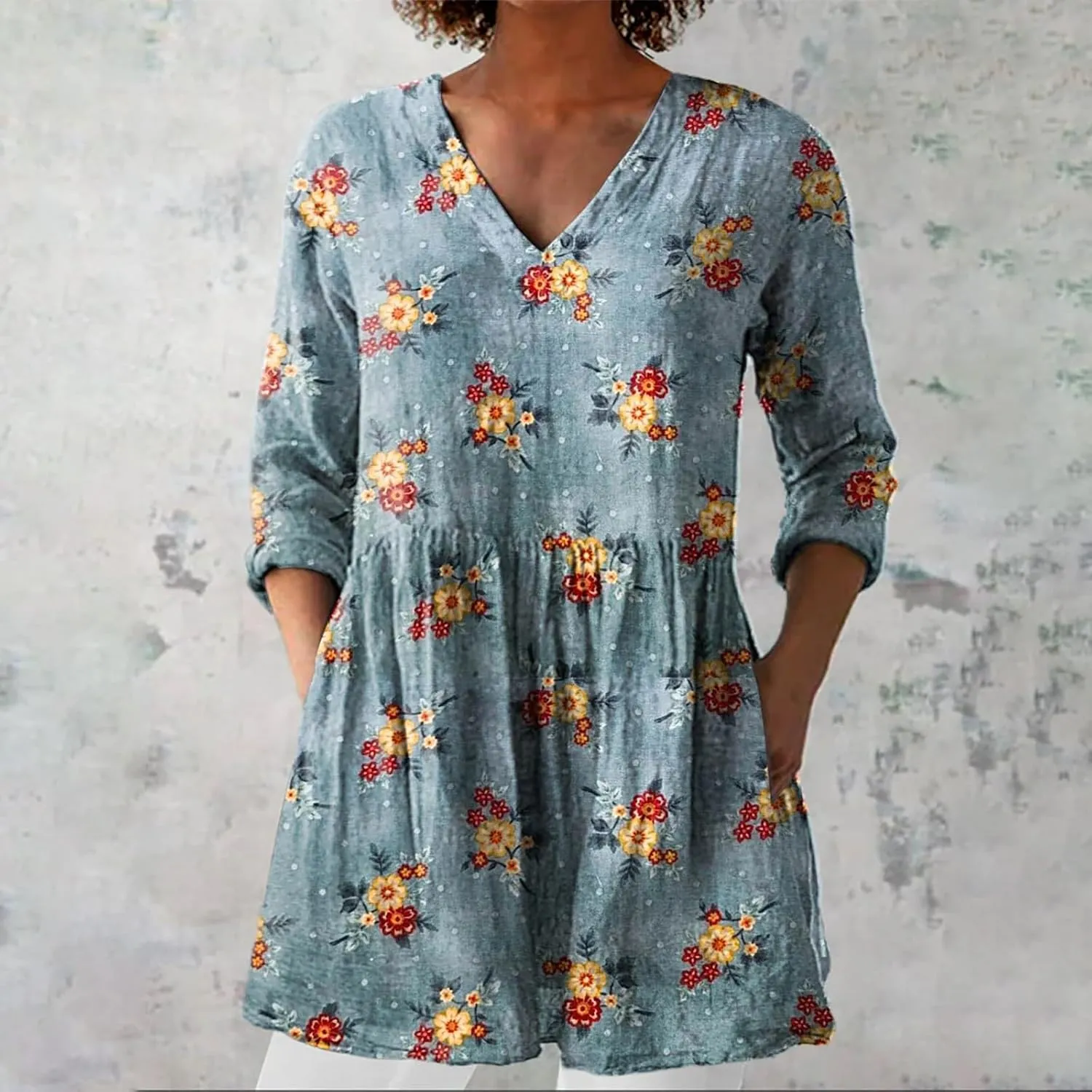 Linen Tops for Women 3/4 Length Sleeve 2025 V Neck Shirts Casual Boho Floral Print Tunic Loose Blouses with Pocket