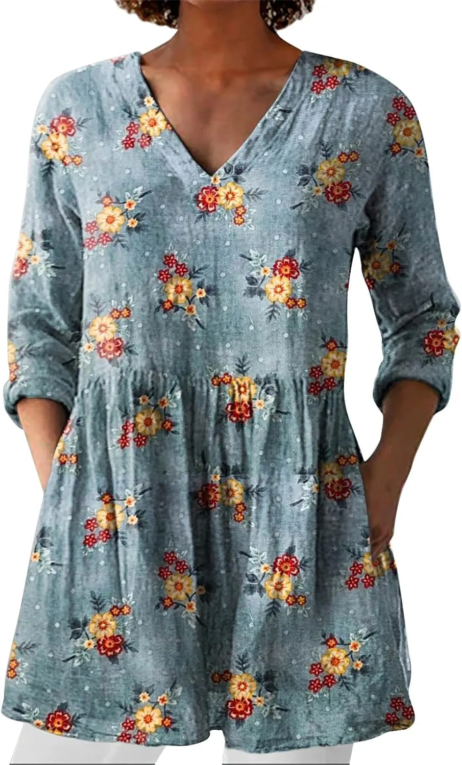 Linen Tops for Women 3/4 Length Sleeve 2025 V Neck Shirts Casual Boho Floral Print Tunic Loose Blouses with Pocket