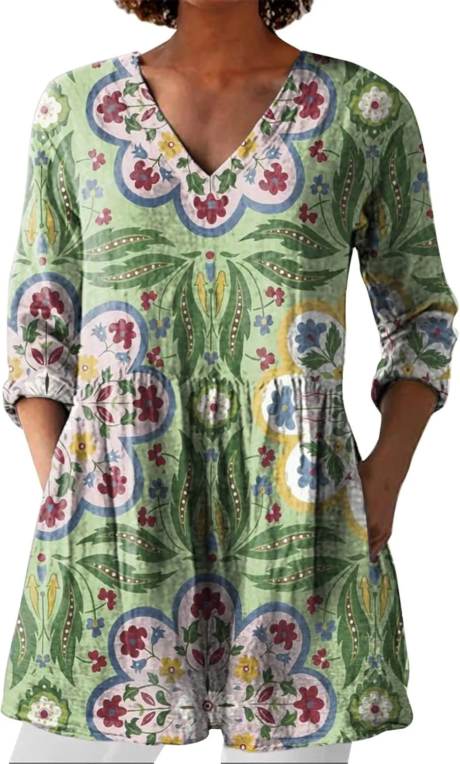Linen Tops for Women 3/4 Length Sleeve 2025 V Neck Shirts Casual Boho Floral Print Tunic Loose Blouses with Pocket
