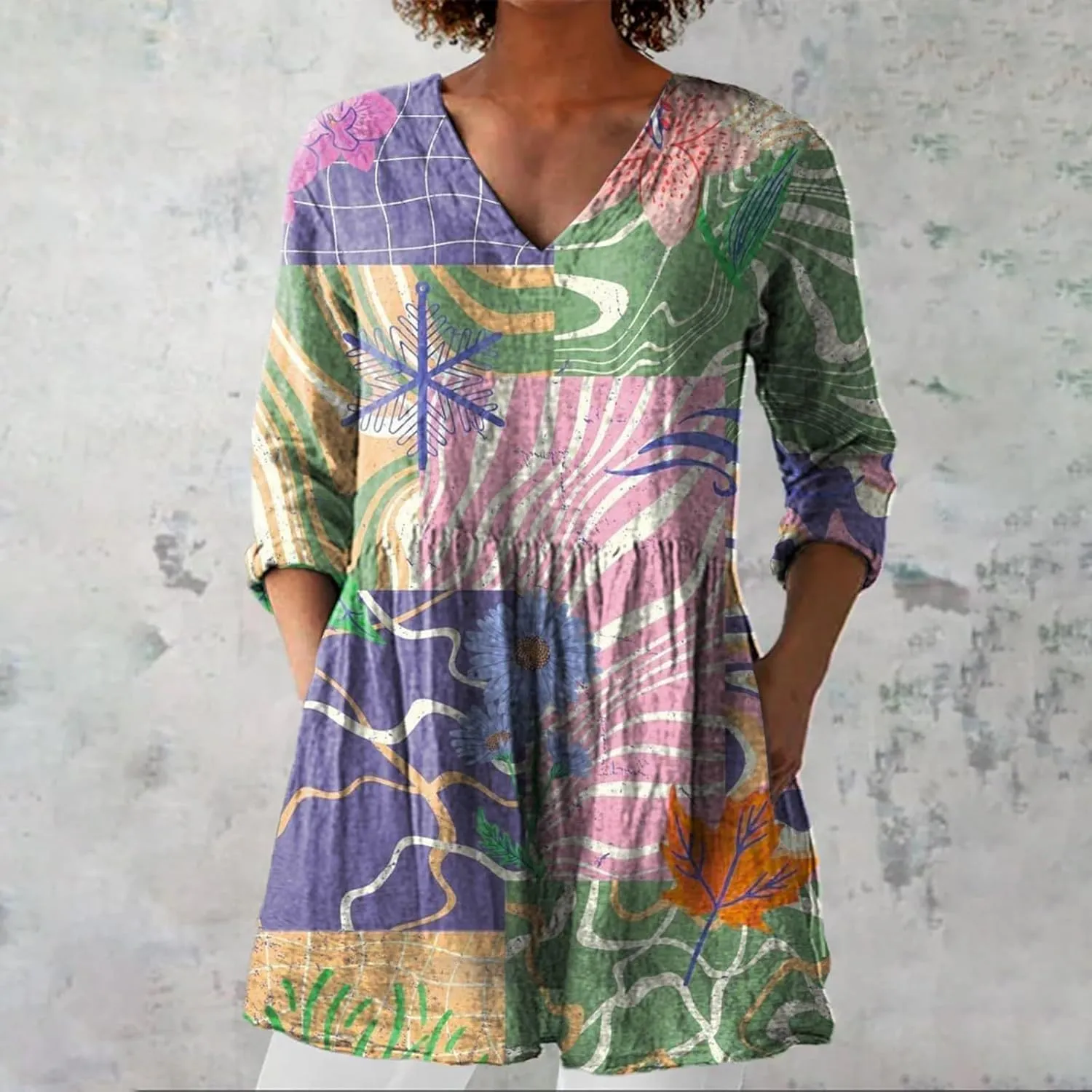 Linen Tops for Women 3/4 Length Sleeve 2025 V Neck Shirts Casual Boho Floral Print Tunic Loose Blouses with Pocket