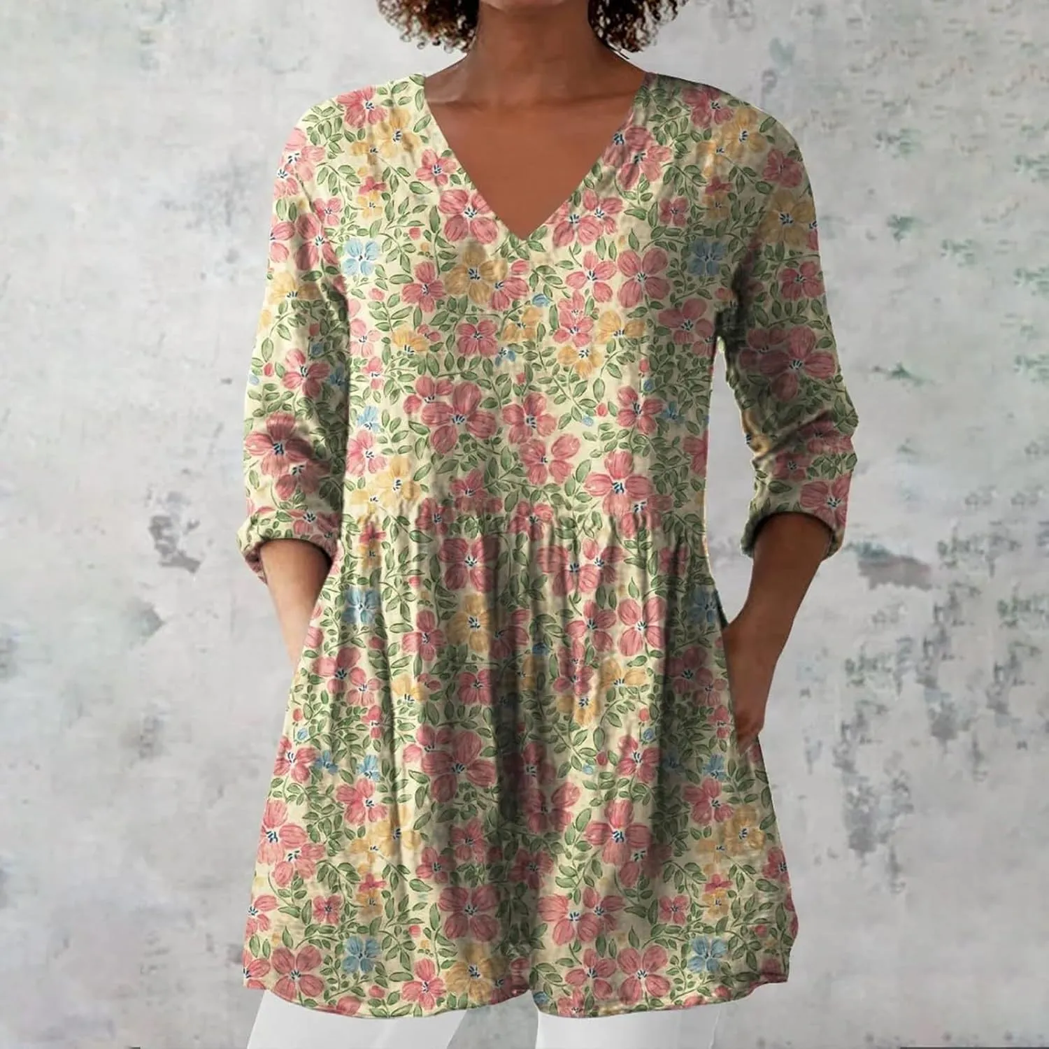 Linen Tops for Women 3/4 Length Sleeve 2025 V Neck Shirts Casual Boho Floral Print Tunic Loose Blouses with Pocket