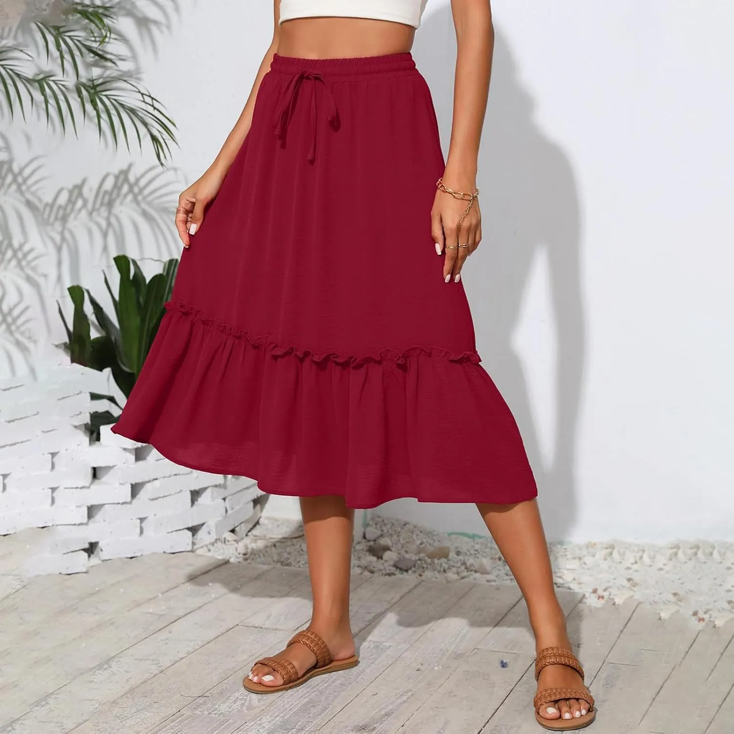 Maxi Skirts for Women Casual Summer High Waisted Drawstring Tiered Skirt Loose Lightweight Flowy Solid A-Line Skirt