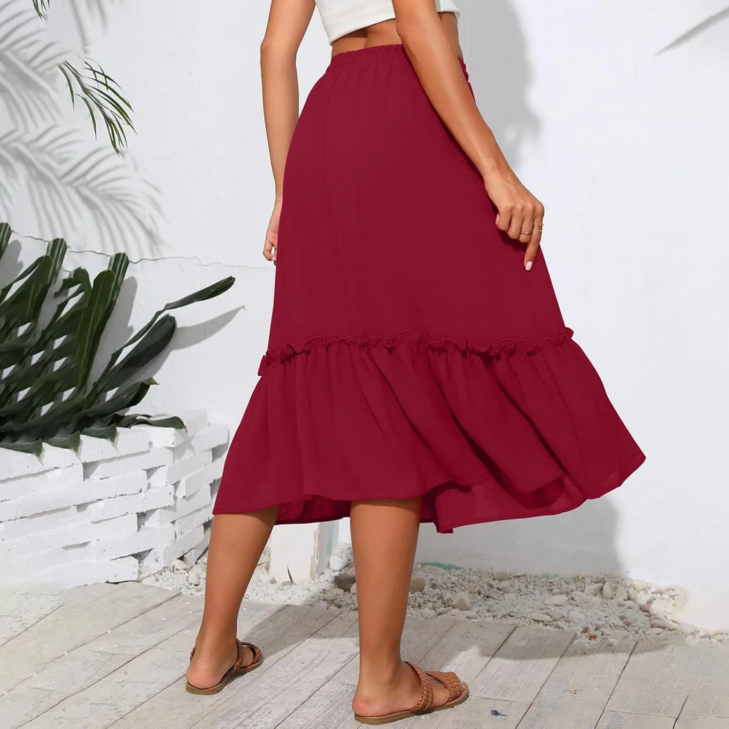 Maxi Skirts for Women Casual Summer High Waisted Drawstring Tiered Skirt Loose Lightweight Flowy Solid A-Line Skirt