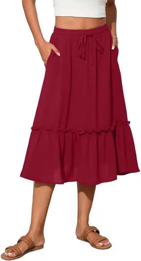 Maxi Skirts for Women Casual Summer High Waisted Drawstring Tiered Skirt Loose Lightweight Flowy Solid A-Line Skirt