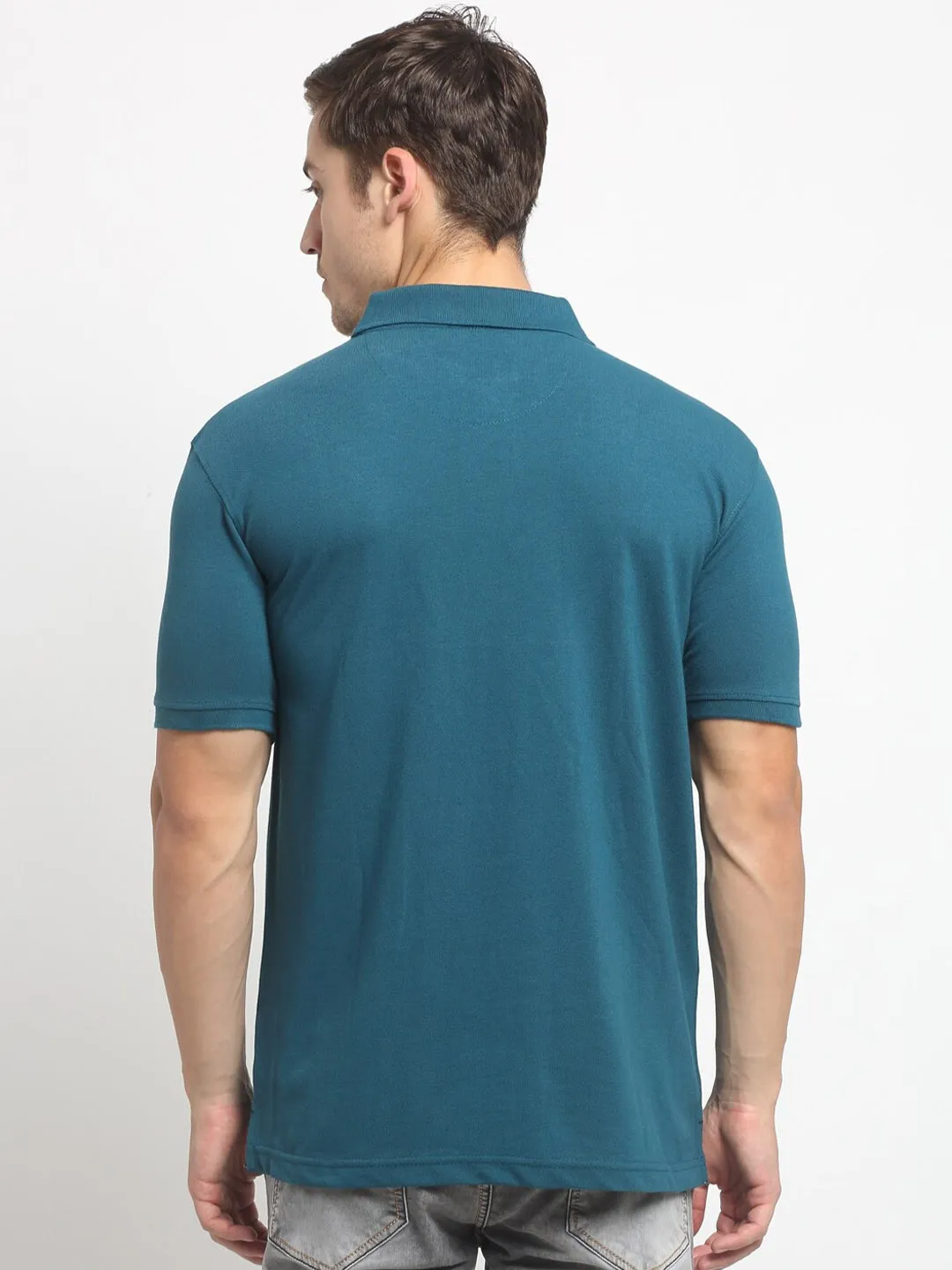 Men Airforce Blue Casual Polo Neck T-Shirt
