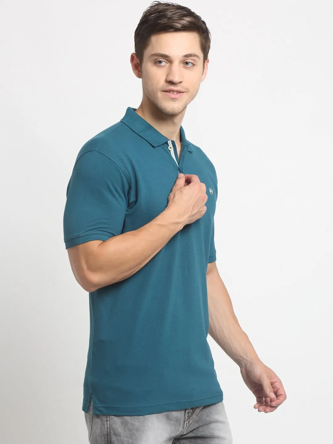 Men Airforce Blue Casual Polo Neck T-Shirt