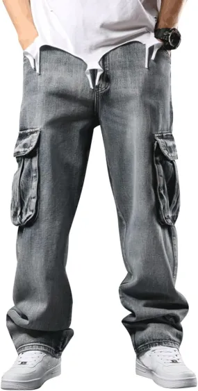 Men`s Cargo Jeans Workwear Stretchy Loose Zipper Pocket Denim Pants