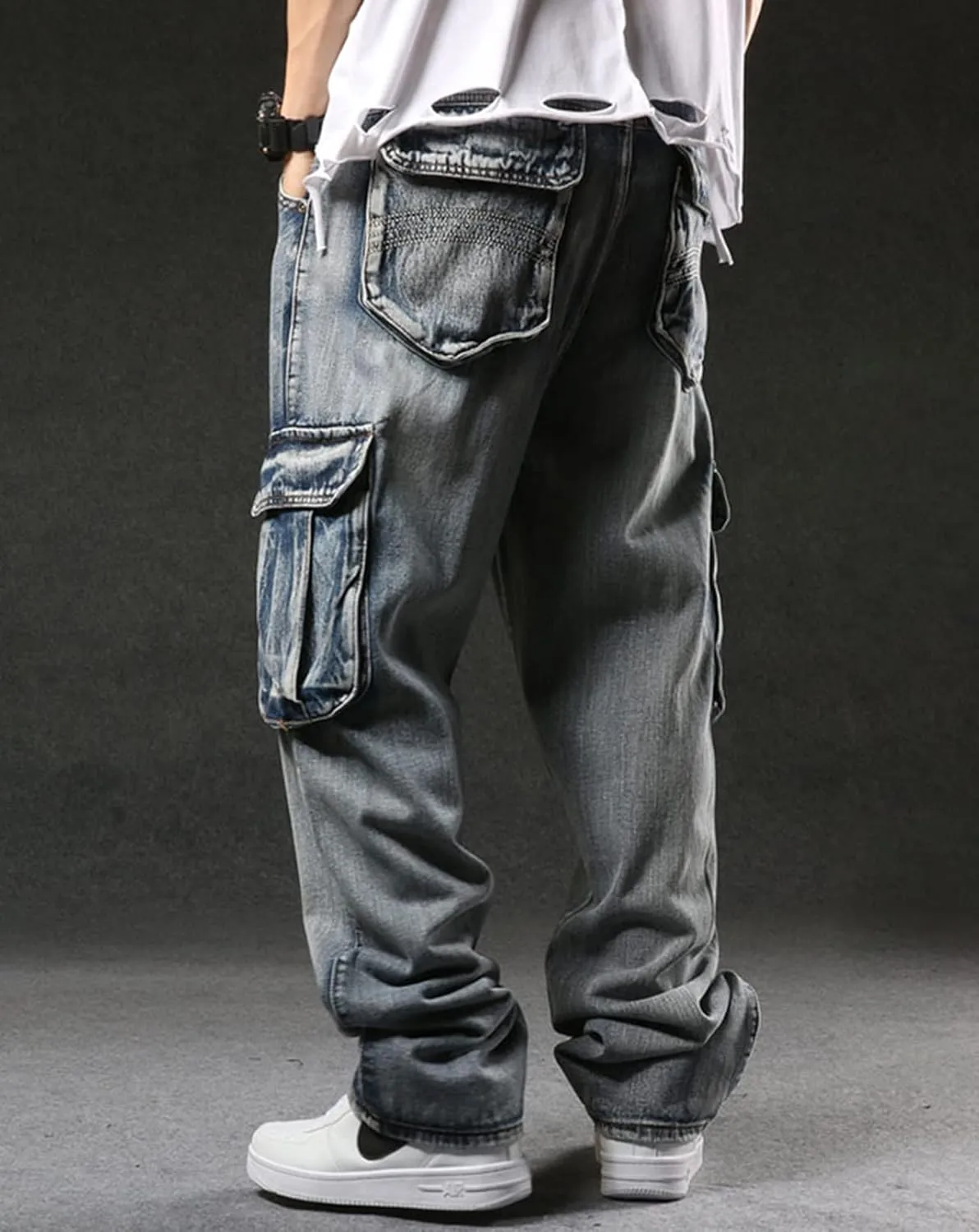 Men`s Cargo Jeans Workwear Stretchy Loose Zipper Pocket Denim Pants