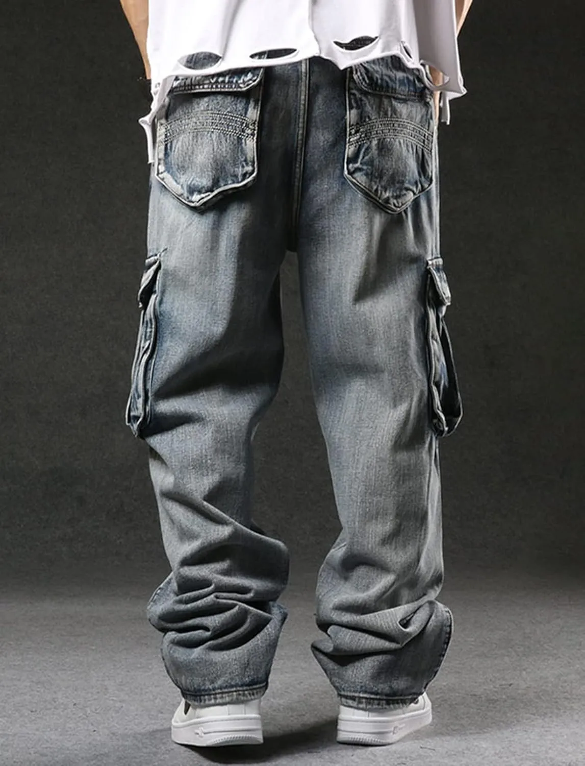Men`s Cargo Jeans Workwear Stretchy Loose Zipper Pocket Denim Pants